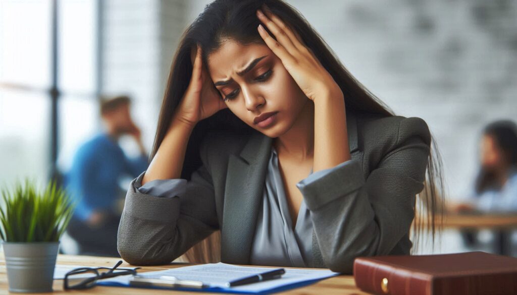 Young woman with migraine stress holding head in discomfort"