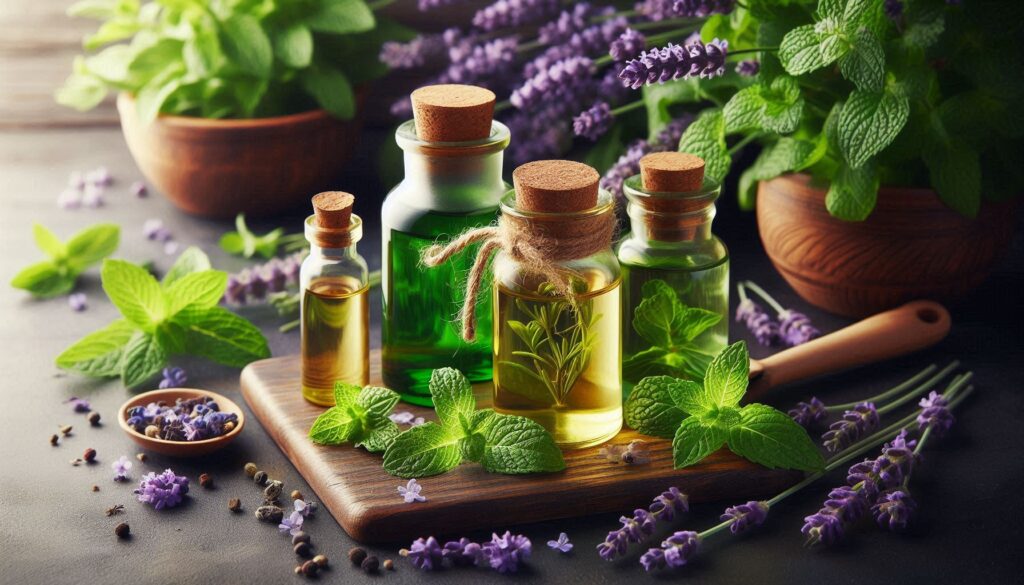 Peppermint and lavender oil bottles with fresh herbs