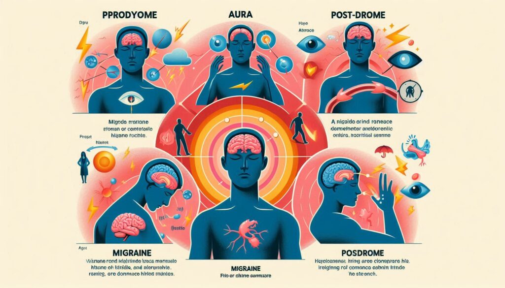 Infographic showing prodrome, aura, attack, and postdrome stages of migraine